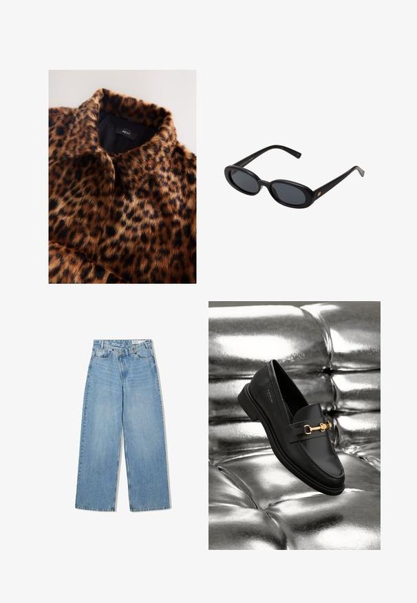 Giacca in pelliccia sintetica con stampa leopardata e texture morbida, dotata di fodera interna nera e colletto. Etichetta del marchio "NEXT" visibile.; Maglietta bianca a maniche lunghe, con scollo rotondo, vista da dietro, posata piatta su uno sfondo bianco.; Jeans azzurri a gamba larga realizzati in denim, con vita alta, cinque tasche, chiusura a bottone e una leggera scoloritura per aggiungere texture.; Mocassino in pelle nera con dettagli in metallo dorato. La scarpa presenta un design elegante e una texture liscia e lucida.; Occhiali da sole neri oversize con lenti ovali, montatura in plastica liscia e accenti dorati sulle tempie. Le lenti scure offrono protezione dal sole.