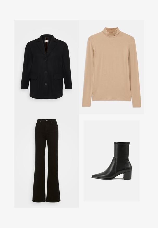 Juodas vilnos mišinio paltas su iškarpytomis apykaklėmis, priekyje mygtukų užsegimas, dvi priekinės kišenės ir lygus audinys. Vertikalios juostelės vidinėje pamušalo pusėje.; Smėlio spalvos ilgos rankovės golfo megztinis, pagamintas iš minkštos, tekstūruotos medžiagos; turi siaurą siluetą ir aukštą apykaklę. Nėra matomų raštų ar detalių.; Juodos džinsinės kelnės su aukštu liemeniu, platėjančios, turinčios mygtuko užsegimą, šonines kišenes ir lygų paviršių.; Juodos odinės aulinės botai, turintys smailią nosį, storą kulną ir ryškiai išryškintą siuvinėjimą viršutinėje dalyje.