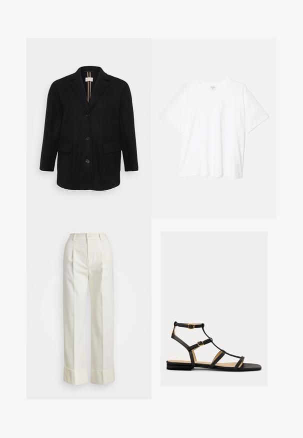 Pardoseal negru din lână cu amestec, cu rever tăiat, închidere cu nasturi pe față, două buzunare frontale și o textură netedă. Dungi verticale pe căptușeala interioară.; Tricou alb din bumbac, cu mâneci scurte, guler rotund, croi lejer și tiv cusut. Eticheta este vizibilă pe interiorul gulerului.; Pantaloni albi personalizați, cu talie înaltă, pliseuri duble în față și picioare largi, cu manșete pliate. Confecționați dintr-un material neted și texturat.; Sandale plate negre cu multiple curele, având accesorii din aur și o textură netedă. Design cu profil redus și talpă căptușită.