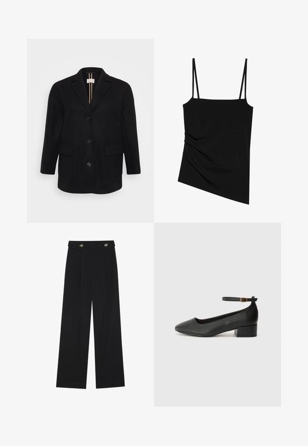 Mustat villasekoite takki, jossa on lovettu kaulus, etupainonappi kiinnitys, kaksi etutaskua ja sileä rakenne. Sisävuoren pystysuorat raidat.; Mustaton, hihaton toppi ohuiden olkainten kanssa; siinä on drapeeraus yhdellä puolella ja sileä pinta; valmistettu joustavasta kankaasta.; Mustat leveälahkeiset housut, joissa on korkea vyötärö, napit vyötärönauhassa ja etupuolella laskokset.; Mustat nahkakengät, joissa on terävä kärki ja matala lohkare korko. Varustettu nilkkahihnalla, jossa on kultasävyinen solki. Lisää sileä pinta.