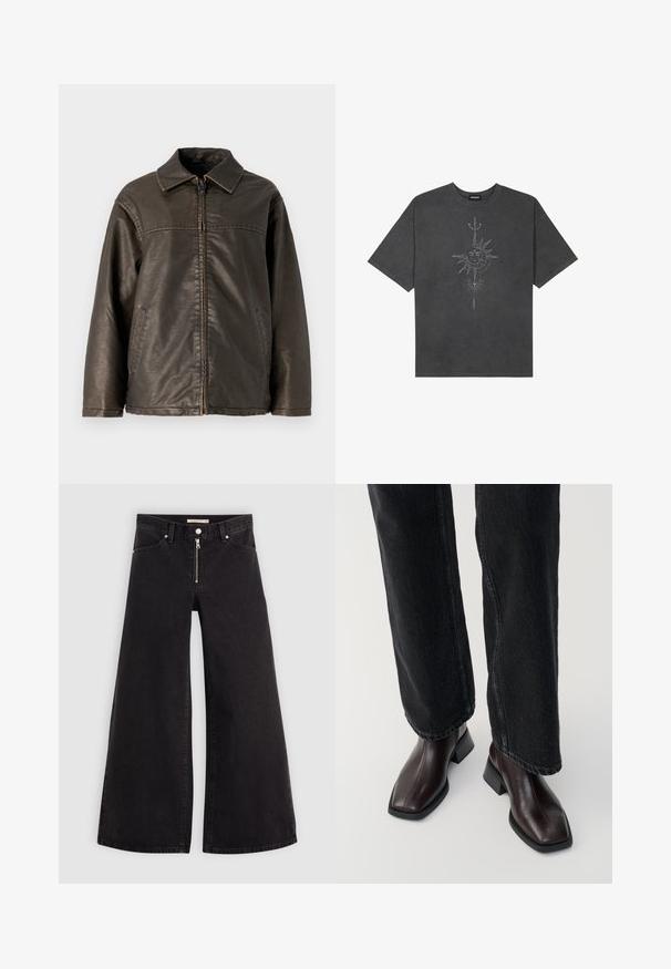 Brun läderjacka med krage, frontdragkedja och två sidfickor. Texturerad yta och kontrasterande sömdetaljer.; Mörkgrå överdimensionerad t-shirt i bomull, med en central solgrafik med intrikata linjedetaljer tryckta på framsidan.; Breda jeans i svart denim med dragkedja fram, femfickorsdesign och subtila sömdetaljer. Slät textur och avslappnad stil.; Bruna läderankelstövlar med fyrkantig tå och blockklack, matchade med svarta vida jeans. Slät textur och minimalistisk design.