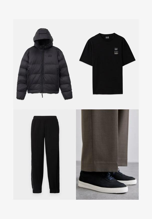 Juodas pūkinis švarkas su gaubtu, su kvadratinio silueto, siuvinėtomis sekcijomis, užtrauktukais užsegamais kišenėmis ir mažu logotipo ženkleliu krūtinėje.; Juoda medvilnė t-shirt su trumpomis rankovėmis, apvalia iškirpte ir maža logotipo etiketė priekyje su baltomis priežiūros simbolių pictogramomis.; Juodos jogger tipo kelnės, pagamintos iš minkštos medžiagos, su elastinga juosmens juosta, pūkuotais užbaigimais ir šoninėmis tinklinėmis panelėmis papildomam ventiliavimui.; Juodi zomšiniai sportbačiai su baltais guminiais padais, su apvalia nosimi ir raišteliais, dėvimi su pilkais pritaikytais kelnais.