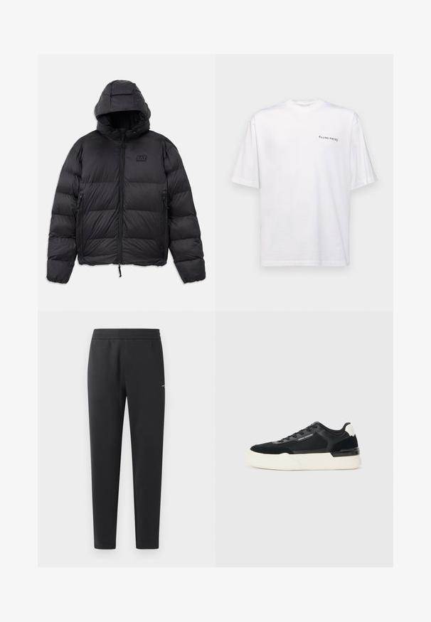 Crna puf jakna s kapuljačom, kutnog oblika, s kvadratićastim odjeljcima, zatvorenim džepovima i malim logom na prsima.; Bijela kratka majica s kratkim rukavima od pamuka s V-izrezom, koja na lijevoj strani ima otisnuti crni logotip "FILLING PIECES".; Crne trenirke izrađene od mekanog materijala, sa elastičnom trakastom, ravnim nogavicama i jednim malim logom sa strane.; Crne tenisice od mrežaste tkanine i kože, s debelim bijelim potplatom i kontrastnim detaljima. Šnure i logo detalj sa strane.