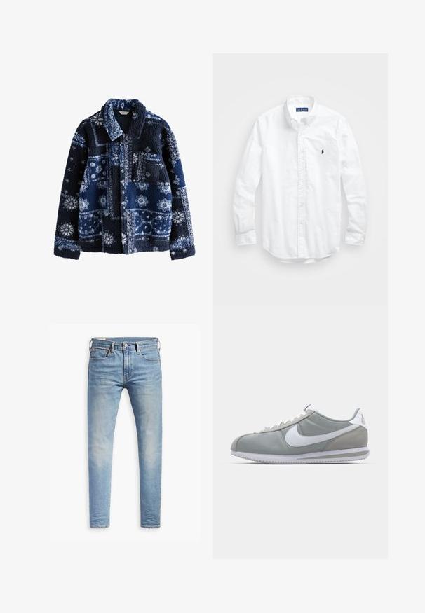 Marineblauwe fleecejack met een gestructureerd, fluffy oppervlak, gekenmerkt door een geometrisch patroon in lichtere tinten en een kraag, met één borstzak.; Witte lange mouwen overhemd van katoen. Voorzien van een klassiek kraag, knopenmanchetten en een klein marineblauw geborduurd logo op de borst.; Lichtblauwe slim-fit jeans met een lichte vervaging op de dijen, knoopsluiting aan de voorkant, riemlussen en vijf-pocket styling op een witte achtergrond.; Grijze sportschoen met een bovenwerk van suede en textiel, witte Nike swoosh en witte veters. Heeft een gestructureerde rubberen zool en een gevoerde schacht.