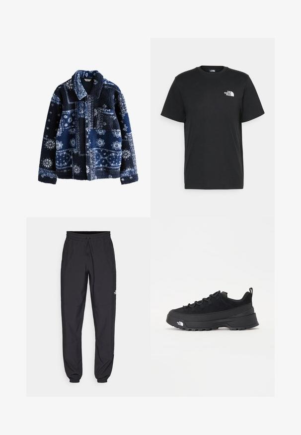 Jūrinės spalvos pūkinė striukė su tekstūruota, pūkuota paviršiumi, su geometriniu raštu šviesesnėmis atspalvėmis ir apykakle, turinti vieną krūtinės kišenę.; Juoda medvilninė marškinė su trumpomis rankovėmis, apvaliu iškirpimu ir maža balta logo kairėje krūtinės pusėje. Paprastas dizainas, lygi tekstūra ir laisvas pritaikymas.; Juodos sportinės kelnės, pagamintos iš lengvos medžiagos, su raišteliu liemens srityje, šoniniais kišenėmis ir siaurėjantys apykaklės prie kulkšnies.; Juodas lauko sportinis batelis su zomšiniu viršumi, tekstūruota guma padais ir tvirtas raištelių sistema. Yra sustiprinta kulno dalis ir prekės ženklo logotipas šone.