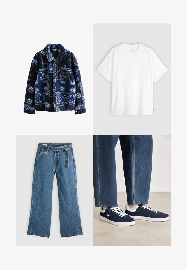 Jūrinės spalvos pūkinė striukė su tekstūruota, pūkuota paviršiumi, su geometriniu raštu šviesesnėmis atspalvėmis ir apykakle, turinti vieną krūtinės kišenę.; Baltas trumpas rankovės marškinėlis, pagamintas iš medvilnės, su apvalia iškirpte. Priekyje yra subtilus iškilus logotipas ir raudonas etiketas ant apačios.; Mėlyni džinsiniai plačių kojų džinsai su prijungtu diržu, priekinėmis kišenėmis ir matomomis siūlėmis ant vientiso šviesaus fono.; Mėlyni drobės sportbačiai su baltais raišteliais ir guminiais padais, išdėstyti su džinsiniais kelnėmis ir pilkais briaunotais kojiniais, šviesiai pilkame paviršiuje.