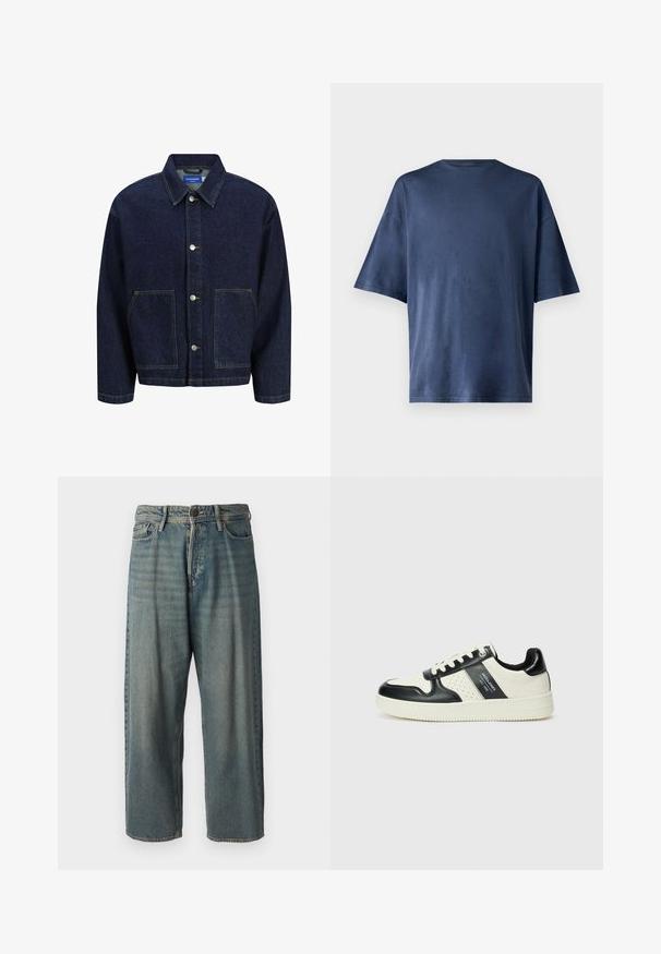 Giacca in denim blu scuro con chiusura a bottoni, due grandi tasche frontali e colletto classico. Presenta cuciture a contrasto e bottoni argentati.; Maglietta a maniche corte blu navy, realizzata in un tessuto morbido, presenta un classico colletto girocollo e una vestibilità comoda, senza motivi o dettagli visibili.; Jeans di denim azzurro chiaro con vestibilità ampia, vita media e gambe dritte. Presenta cinque tasche, passanti per cintura e chiusura con bottone.; Sneakers in pelle con una combinazione di colori nero e crema, dotati di dettagli perforati, collare imbottito e suola testurizzata.