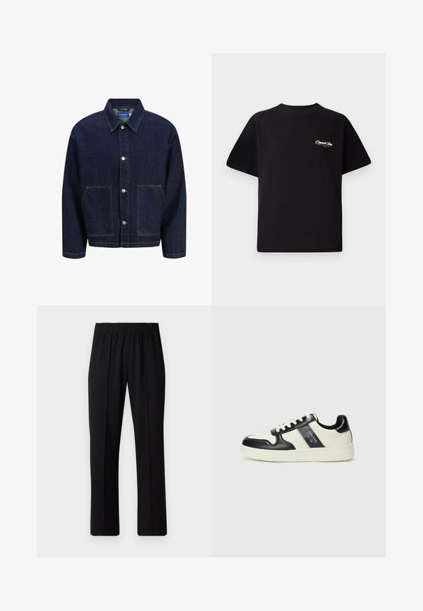 Jeansjakke i mørkeblå med knaplukning foran, to store forkert lommer og en klassisk krave. Har kontrasterende syninger og sølvknapper.; Sort bomulds T-shirt med rund halsudskæring, korte ærmer og lille hvid logo tekst på venstre bryst. Enkel design, klassisk pasform.; Sorte bukser med elastisk talje og lige ben, der har en glat tekstur og ingen synlige mønstre eller hardware.; Lædersneakers i sort og creme farveskema, med perforerede detaljer, en polstret krave og en struktureret ydersål.