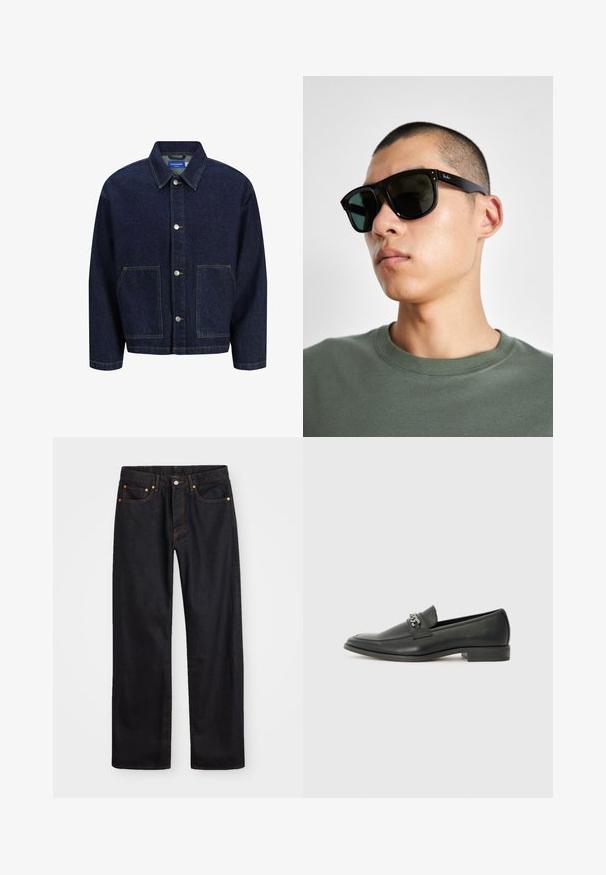 Tamsiai mėlyna džinsinė striukė su mygtukų uždarymu priekyje, dviem didelėm priekinėm kišenėm ir klasikiniu apykakle. Išsiskiria kontrastingomis siūlėmis ir sidabriniais mygtukais.; Balta medvilninė marškinėliai, su trumpomis rankovėmis ir apvaliu kaklu, su išsiuvinėtu gėlės raštu rožinės ir juodos spalvos kairėje krūtinės pusėje.; Vyrų tiesaus kirpimo juodi džinsai iš denim medžiagos, su penkiomis kišenėmis ir oranžinėmis siūlėmis, su mygtuko ir užtrauktuko uždarymu ant priekio.; Juodos odinės loafer tipo bateliai su lygiu paviršiumi, turintys siuvinėtą dizainą ir dekoratyvų metalo grandinėlės akcentą ant batų viršaus. Plokščias kulnas.; Juodos stačiakampės saulės akinių su tamsiais objektyvais, turinčių išskirtinę formą ir prekės ženklą ant šventyklos. Dėvi asmuo, apsirengęs žalia marškinėliais.