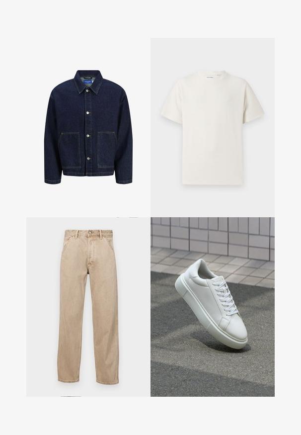 Tumedast sinelis teksajakk, millel on nööbaga esitasku, kaks suurt eesmist taskut ja klassikaline krae. Omab kontrastset õmblust ja hõbedasi nuppe.; Valge lühikeste varrukatega T-särk ribakudumises. Ümar kaelus, mugav lõige, nähtavad mustrid ega aksessuaarid puuduvad. Lihtne ja mitmekesine disain.; Bežidemini teksased sirgjoonise kujundusega, front pocket'itega, metallist nööbi kinnitusega ja peene tekstuuriga.; Valge nahkline sneka, millel on sile pind, ümar varvas ja lame valge pael. Omab tekstuuriga kummist talla ja minimaalset kujunduselementi.