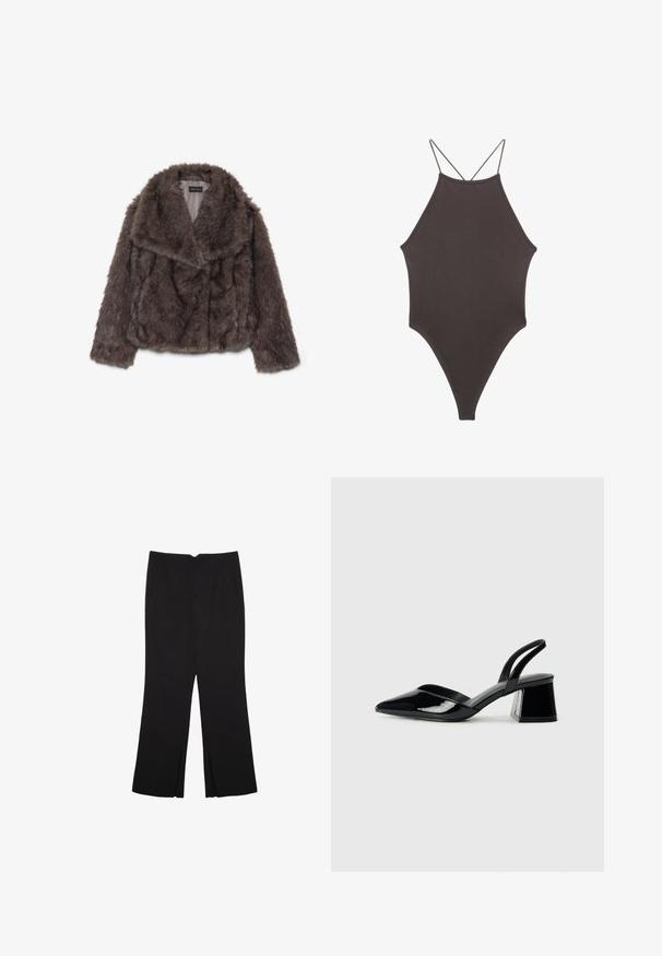 Hnedá umelá kožušina skrátená bunda so širokým golierom, mäkkou textúrou a dlhými rukávmi; zobrazuje horizontálne švy po celom tele.; Hnedé, vysoký krk jednodielne plavky s tenkými, nastaviteľnými ramienkami; s vysokým strihom na nohách a hladkým povrchom. Bez vzorov alebo ozdôb.; Čierne nohavice so strihom rovného strihu, s prednými vreckami a bočnými rozparkami na leme. Vyrobené z mäkkej, hladkej tkaniny. Vhodné na rôzne príležitosti.; Čierne lakované kožené sandálové podpätky s špicatou špičkou a geometrickým blokovým podpätkom. Disponujú elegantným, minimalistickým dizajnom a hladkým povrchom.