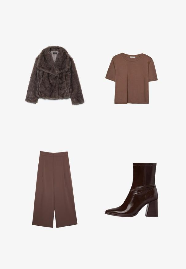 Giacca corta in finta pelliccia marrone con ampio colletto, morbida al tatto e maniche lunghe; presenta dettagli di cucitura orizzontale lungo il corpo.; Maglietta a maniche corte marrone realizzata in tessuto morbido, con scollatura rotonda e vestibilità rilassata. Nessun motivo o dettaglio visibile.; Pantaloni ampi marroni con una texture liscia, caratterizzati da una vita alta e pieghe frontali. Il tessuto è leggero e scorre liberamente.; Stivale alla caviglia in pelle verniciata marrone con punta affusolata, cavigliera elasticizzata e tacco a blocco spesso. Design elegante con superficie liscia.
