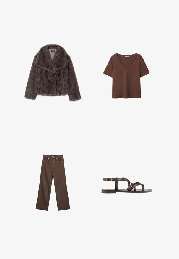 Brązowa kurtka z sztucznego futra, krótka, z szerokim kołnierzem, miękką teksturą i długimi rękawami; posiada poziome przeszycia na całej powierzchni.; Brązowy bawełniany t-shirt z krótkimi rękawami i głębokim dekoltem w kształcie litery V. Prosty design, miękka faktura i prosty krój u dołu. Brak wzorów i akcentów.; Szerokie brązowe dżinsy wykonane z denimu, z wysokim stanem, przednimi kieszeniami i klasycznym zapięciem na guzik. Gładka faktura z subtelnym przeszyciem.; Brązowe skórzane sandały z krzyżującymi się paskami, zapięciem na klamrę przy kostce oraz płaską podeszwą z minimalnymi detalami szycia.