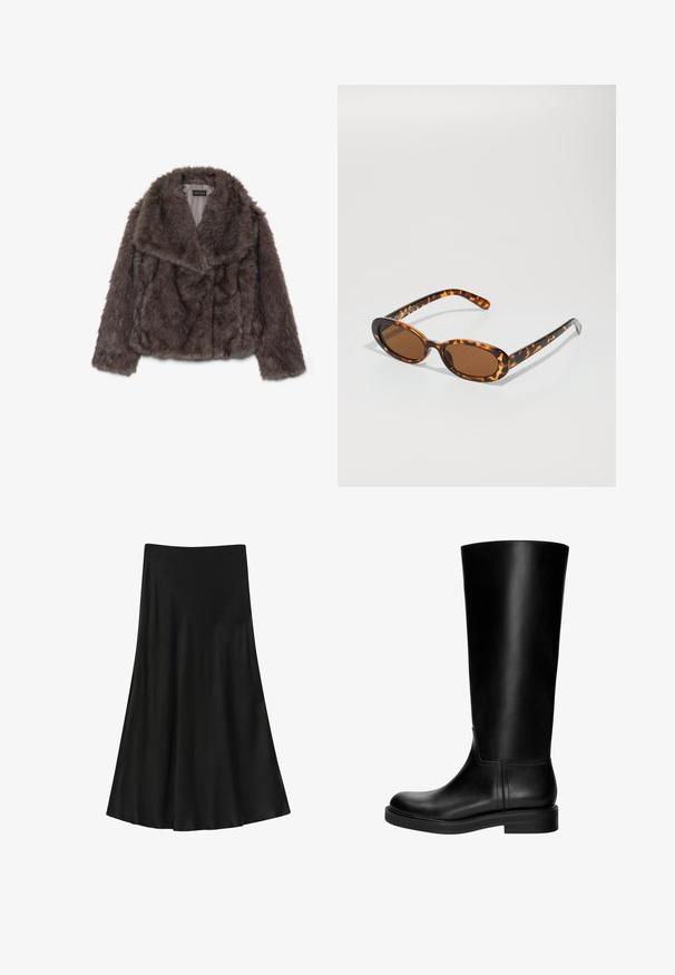 Brun faux fur cropped jakke med en bred krave, blød tekstur og lange ærmer; har horisontale syninger på tværs af kroppen.; Sort off-shoulder langærmet top, med indsamlet detalje foran og glat tekstur. Letvægtsmateriale med tætsiddende pasform.; Sort nederdel lavet af glat stof; A-formet med en udvidet kant, har en høj talje og ingen synlige lukninger eller mønstre.; Sorte læderknæhøje støvler med en glat overflade, rund tå, diskret design og en lav blokhæl. Ingen synlig hardware eller mønstre.; Skildpadde-solbriller med ovale stel, brune linser og slanke sorte arme med diskrete mønster-indsatser.