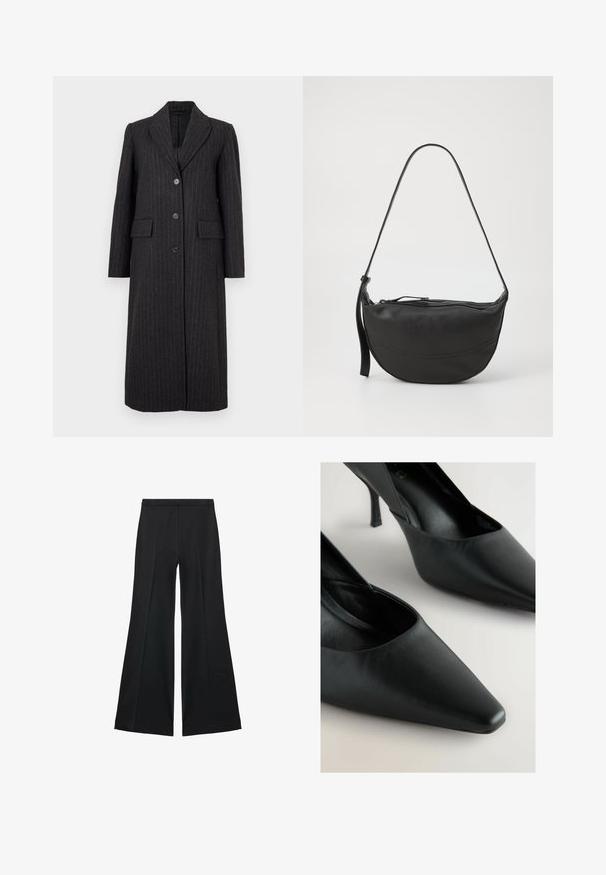 Selected Femme SLFALLY BLEND COAT - Klasičan kaput - dark grey; Bezrukavni tamno sivi pulover s okruglim izrezom, rebrastim rubom i šavovima na ramenima. Tekstura tkanine izgleda glatko i blago rastezljivo.; Crne široke hlače s glatkom teksturom, koje imaju prednje nabore i kroj po mjeri. Tkanina je lagana i lepršava.; Crne visoke potpetice s oštrim vrhom, izrađene od glatke kože, s elegantnim dizajnom i uskom stiletto potpeticom. Nema vidljivih ukrasa.; Crna kožna torba za rame s zakrivljenim oblikom, jednim remenom, zatvaranjem na patentni zatvarač i suptilnim detaljima šivanja duž tijela.