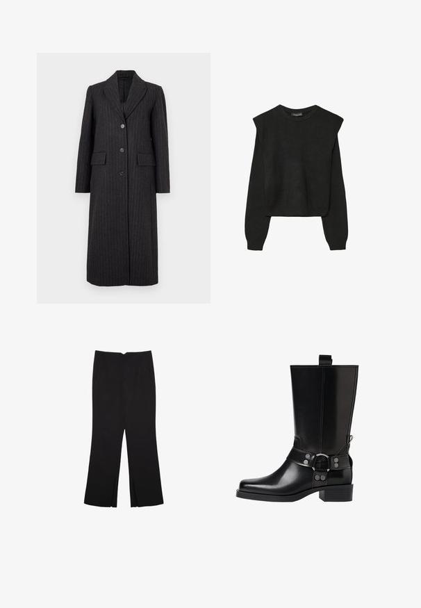 Selected Femme SLFALLY BLEND COAT - Klassinen takki - dark grey; Mustat pitkätuuliseset neulepaidat, joissa on toppaukset harteilla sekä ribbaus hihansuissa ja helmassa, esitetty valkoista taustaa vasten.; Mustat housut suoralinjaisella leikkauksella, joissa on etutaskut ja sivurei'ät helman alla. Valmistettu pehmeästä ja sileästä kankaasta. Sopii eri tilaisuuksiin.; Musta nahkasaapas polven yläpuolelle, jossa on terävä kärki, hopeiset solkiyksityiskohdat ja paksu korko. Varustettu vetotapilla helppoa pukemista varten.