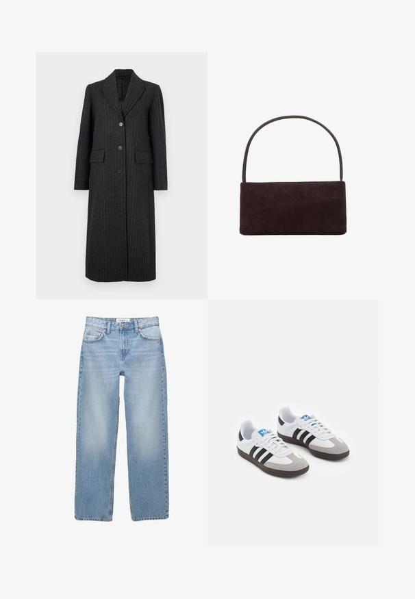 Selected Femme SLFALLY BLEND COAT - Mantel - dark grey; Lichtbeige sweater van zachte gebreide stof, met een ronde halslijn, verlaagde schouders en ribbelaccenten aan de zoom en mouwen.; Lichtblauwe denim jeans met een recht model, vijf zakken en zichtbare stiksels. De stof heeft een zachte, iets vervaagde textuur.; Sportschoenen met een witte leren bovenkant, grijze suède neus en drie zwarte strepen. Bevat een blauw logo op de tong en een gestructureerde rubberen zool.; Rechthoekige donkerbruine suède handtas met een slanke enkele handgreep, minimalistisch ontwerp en geen zichtbare versieringen.