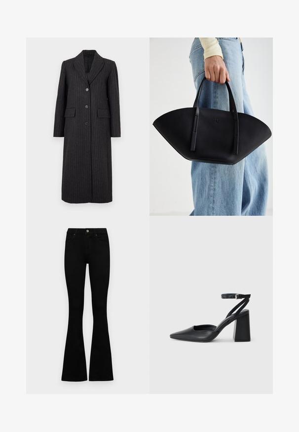 Selected Femme SLFALLY BLEND COAT - Klasikinis paltas - dark grey; Juoda medvilninė bliuska su V formos iškirpte, pūstomis rankovėmis ir juosmens raiščiu. Viršutinė dalis suglebusi, sukurianti peplumo formą.; Juodos aukšto liemens džinsai su mygtuku ir užtrauktuku, priekinėmis kišenėmis ir platėjančiomis kojomis, išdėstyti ant baltos fono.; Juoda odinė smailiagalė aukštakulnio bateliai su kulkšnies dirželiu ir storu kulnu. Lygus paviršius, elegantiškas dizainas ir minimalistiška estetinė. ; Juodas odinis rankinis uždangalas unikaliu ventiliatoriaus formos dizainu, turintis plokščias rankenas. Paviršius turi akmeninė tekstūrą ir minimalistišką dizainą.