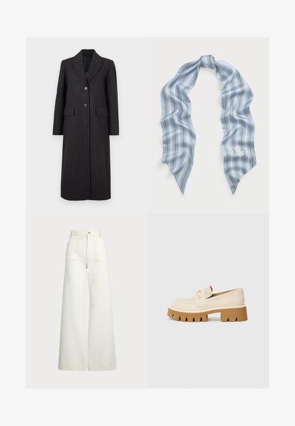 Selected Femme SLFALLY BLEND COAT - Klassikaline mantel - dark grey; Kreemjas ja tumesinises triibuline lühikeste varrukatega top, millel on ümmargune kaelus ja kastmine disain, valmistatud tekstuurses kangas.; Laiad teksad heledast denimist. Kõrge vöökoht, nööbivöö, kaks esikotitäit ja kontrastsed õmblused.; Beežid mokasiinid tekstuurse kreemja rihmaga, millel on jäme pruun tald hammaste sarnaste mustritega. Kuldne aktsent klambri detailil.; Hele sinine siidist sall, millel on rohelised, lillad ja valged vertikaalsed triibud. Täiustatud servad, ühes nurgas on väike tikandiga logo.