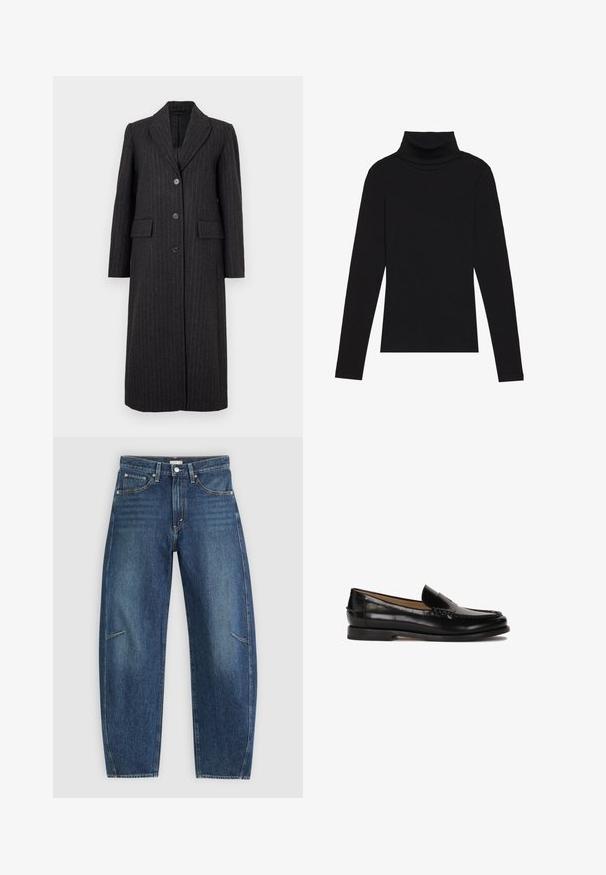 Selected Femme SLFALLY BLEND COAT - Klassischer Mantel - dark grey; Schwarzes langärmeliges Turtleneck-Oberteil aus geripptem Stoff, mit einer taillierten Passform, hohem Kragen und ohne Muster oder Akzente.; Dunkelblaue Jeans aus Denim mit geradem Bein, ausgestattet mit Vorderaschen, Kontrastnähten und einer dezenten, ausgewaschenen Textur an den Beinen.; Schwarzer Lederloafer mit runder Zehenpartie, schlupfendem Design und dezenten Nahtdetails entlang des Oberteils. Flache Gummisohle.