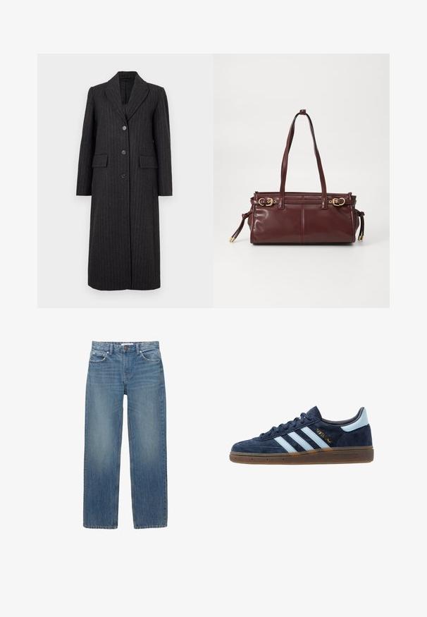 Selected Femme SLFALLY BLEND COAT - Klassisk kappa / rock - dark grey; Vit långärmad topp i ribbad tyg, med rund halsringning och en knappad front med sex klara knappar.; Ljusblå denimjeans med rak skärning, fem fickor och kopparfärgad hårdvara. Tyget har en lätt blekning och en slät textur.; Marinblå mocka Adidas-sneakers med ljusblå ränder, gummisula, ljusblå hälflik och gyllene "Spezial"-logotyp på sidan.; Burgunderfärgad läderhandväska med två axelremmar, detaljer i guldton och dragkedjestängning. Har en slät yta och subtila sömnadsdetaljer.