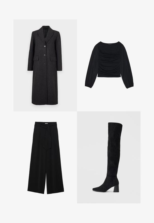 Selected Femme SLFALLY BLEND COAT - Klassisk frakke - dark grey; Sort langærmet top med samlet stofdetalje foran og ved håndleddene, lavet af blødt, strækbart materiale med bådformet udskæring.; Sorte vide bukser i en tekstureret stofkvalitet, med elastisk talje og et aftageligt bånd i taljen for justerbar pasform.; Sorte ruskind støvler i knæhøjde med blokheel, spids tå og glat, sømløs design på en enkel lys baggrund.