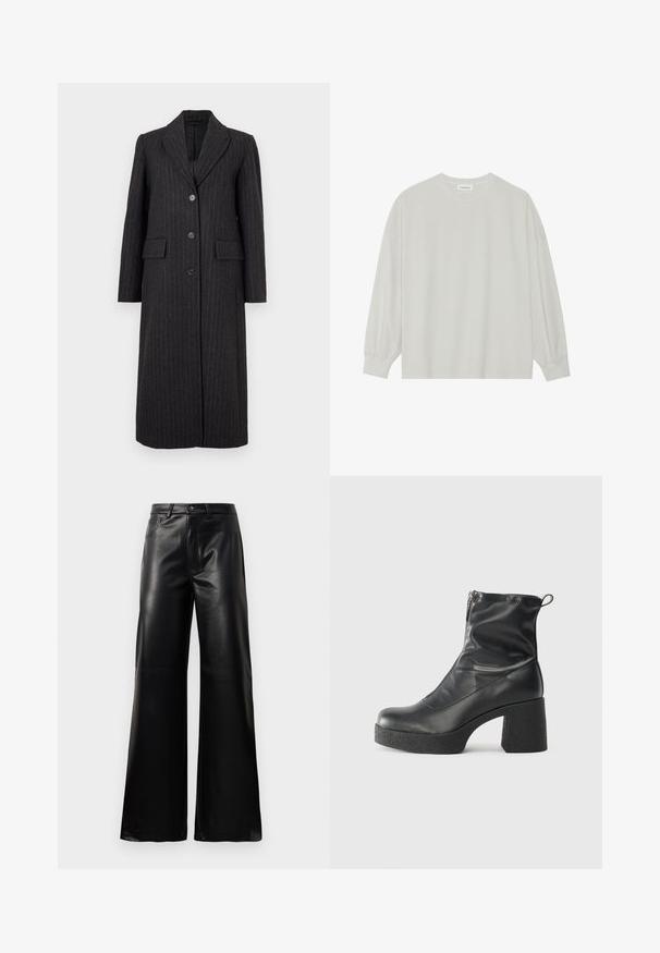 Selected Femme SLFALLY BLEND COAT - Palton clasic - dark grey; Tricou pe șir cu mâneci lungi, de culoare gri deschis, confecționat din bumbac moale. Are o croială lejeră, decolteu rotund și manșete ușor bufante. Fără modele sau grafica.; Pantaloni negri cu talie înaltă, largi, din piele sintetică, cu nasture frontal, închidere cu fermoar, bucle pentru centură și buzunare laterale pe fundal alb.; Bocanci negri de glezna din piele netedă, cu fermoar lateral, toc texturat și masiv, și design cu vârf rotund.