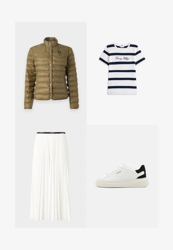Zelená péřová bunda olivové barvy s vysokým límcem, patentky a prošívanou strukturou. Obsahuje brandovou nášivku na hrudi a žebrované manžety.; Bavlněné tričko s horizontálními námořnickými pruhy na bílém pozadí. Na hrudi je výšivka "Tommy Hilfiger" v kurzívě. Kulatý výstřih.; Záhybová bílá sukně s černým elastickým pasem s logem "LACOSTE". Suška je střední délky a má jemnou texturu.; Bílé kožené tenisky s tlustou bílou podrážkou, černým semišovým akcentem na patě a vyraženým logem na boku. Šněrovací design se šesti očka.