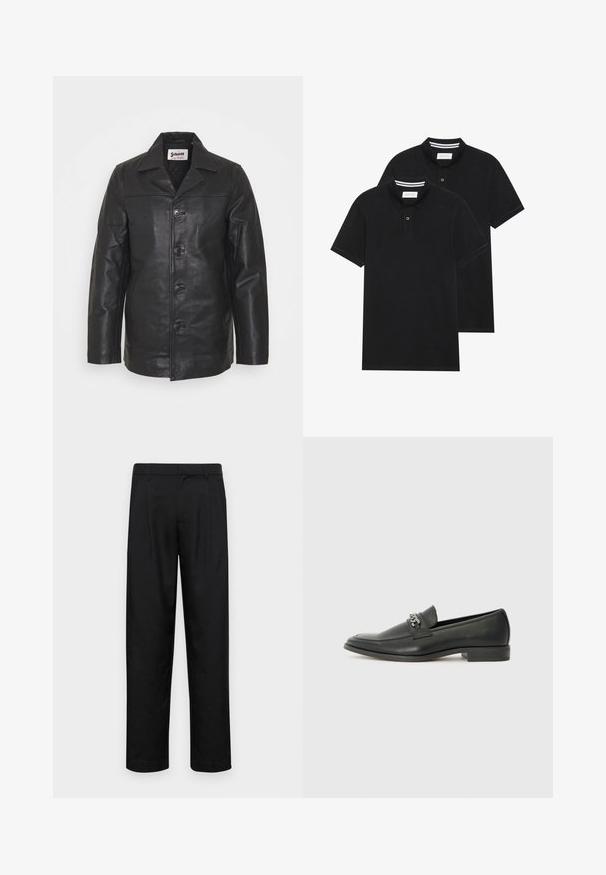 Melnā ādas jaka ar apkakles kakla daļu, priekšējo pogu aizdari, sānu kabatām un gludu tekstūru. Piemeklēts piegriezums ar tīrām līnijām.; Divas melnas polo krekli, īsām piedurknēm, no kokvilnas materiāla, ar klasisku apkakli, divu pogu aizdari un balti svītroti akcenti apkakles iekšpusē.; Melnas bikses, izgatavotas no gludas auduma, ar taisnu kāju dizainu, divām priekšējām krokām un standarta jostu, kurai ir āķi.; Melna ādas loafer izmēra apavi ar gludu virsmu, piedāvā ar šūtu dizainu un dekoratīvu metāla ķēdes akcentu pār vampu. Plakana papēža daļa.