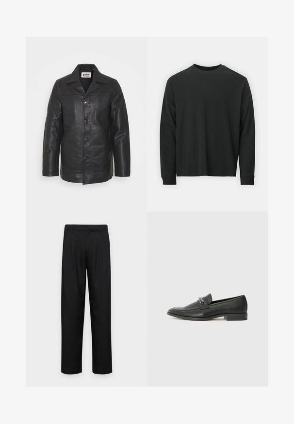 Juodas odinis švarkas su apykakle, priekyje užsegamas mygtukais, su šoninėmis kišenėmis ir glotnia tekstūra. Prigludęs siluetas su švariais linijomis.; Ilga melsva juoda marškinėliai, pagaminti iš medvilnės, su apvaliu iškirpimu, laisvu siluetu ir ripsuota apykakle. Lygus paviršius be matomų raštų.; Juodi kelnių modeliai, pagaminti iš lygios medžiagos, turi tiesią kojas, du priekiniai klostės ir standartinę juosmenį su diržo kilpomis.; Juodos odinės loafer tipo bateliai su lygiu paviršiumi, turintys siuvinėtą dizainą ir dekoratyvų metalo grandinėlės akcentą ant batų viršaus. Plokščias kulnas.