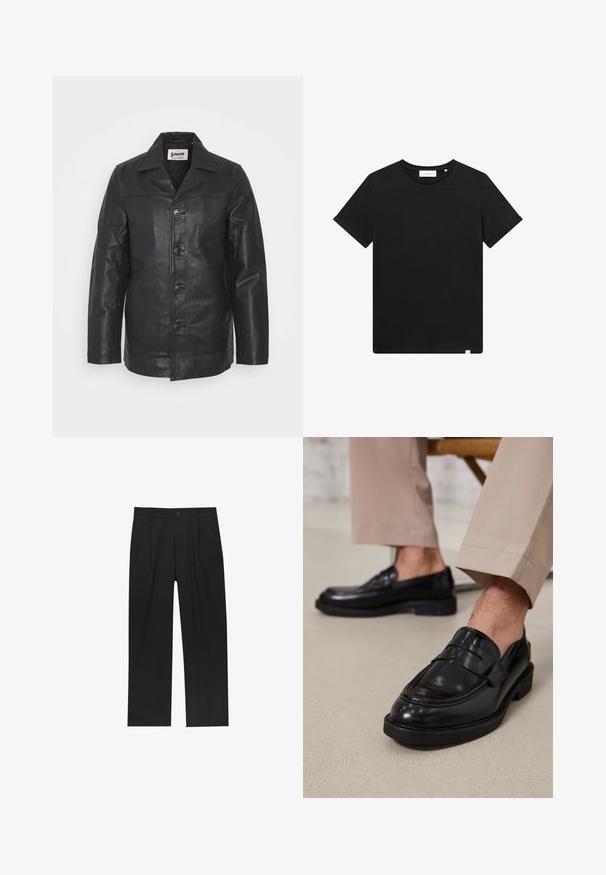 Fekete bőrkabát, gallérral, elöl gombos záródással, oldalsó zsebekkel és sima felülettel. Testhezálló fazon, letisztult vonalakkal.; Fekete rövid ujjú pamut póló, kerek nyakkal és egy kis géppel hímzett logóval a mellrészen. Sima tapintás, szabványos illeszkedés.; Fekete nadrág egyenes szárú kialakítással, sima anyagból készült. Elöl redők és egy gombos záródás található a derékon.; Fekete bőr loaferek sima felülettel, díszítő pánttal és kontrasztos varrással, bézs nadrággal párosítva.