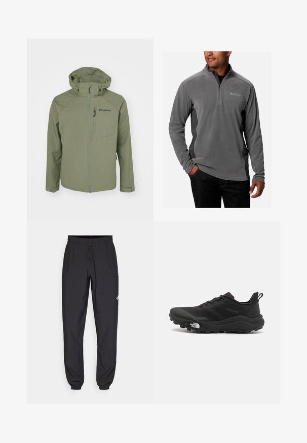 Grüne Columbia-Jacke mit einem Reißverschluss vorne, verstellbarer Kapuze und einer Brusttasche. Sie hat eine glatte, matte Stofftextur und eine taillierte Passform.; Grauer Fleece-Pullover mit einem Viertel-Reißverschluss-Design, weichem Gefühl, langen Ärmeln und Logo auf der Brust. Akzentuiert mit kontrastierenden Seiteneinsätzen.; Schwarze Sporthosen aus leichtem Stoff, mit einem Kordelzugbund, seitlichen Taschen und schmal zulaufenden Bündchen an den Knöcheln.; Schwarzer Trailrunning-Schuh mit strukturiertem Obermaterial, Gummisohle und verstärkter Zehenkappe. Verfügt über einen gepolsterten Kragen und eine Ziehlasche für einfaches Anziehen.