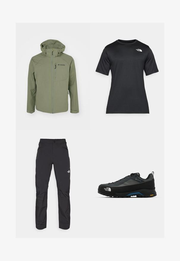 Giacca Columbia verde con zip frontale, cappuccio regolabile e tasca sul petto. Presenta una superficie in tessuto liscia e opaca, con un design aderente.; T-shirt nero a maniche corte realizzato in tessuto leggero e traspirante. Presenta un logo bianco sul lato sinistro del petto e un collo a giro.; Pantaloni da esterno neri con tasca frontale con zip, materiale sintetico, gambe affusolate e pannelli rinforzati sulle ginocchia. Presentano una chiusura con bottone.; The North Face VERTO ALPINE GORE TEX - Scarpa da hiking - asphalt grey/tnf black