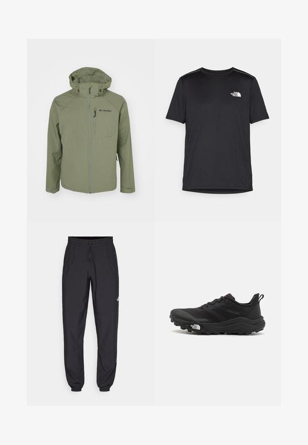 Giacca Columbia verde con zip frontale, cappuccio regolabile e tasca sul petto. Presenta una superficie in tessuto liscia e opaca, con un design aderente.; T-shirt nero a maniche corte realizzata in tessuto leggero. Presenta un piccolo logo bianco sul lato sinistro del petto e delicati dettagli sulle spalle.; Pantaloni sportivi neri realizzati in tessuto leggero, con vita regolabile con cordino, tasche laterali e orli affusolati alle caviglie.; Scarpa da trail running nera con tomaia texture, suola in gomma e punta rinforzata. Presenta un collare imbottito e un tassello per un indossamento facile.