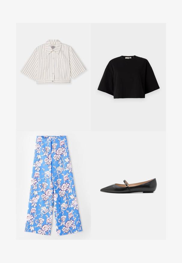 Baum und Pferdgarten MAJSA - Džinsa auduma jaka - white sand; Melns īsais krekls, ko izgatavo no kokvilnas, ar noapaļotu kakla izgriezumu un īsām, plašām piedurknēm, kas nodrošina brīvu piegājienu. Gluda tekstūra, vienkāršs dizains.; Zilie ziedu bikses ar pasteļrožu rakstu. Audums ir gluds, ar brīvu piegriezumu, plats kājas un elastīgu jostu.; Melnas ādas baleta kurpes ar norādīto pirkstu un sānu siksniņu, kurai ir apaļš zelta akcents. Vieglas ar plakanu zoli.