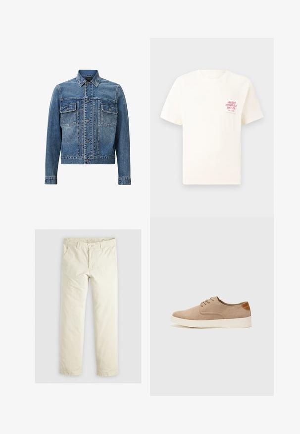 Plava traper jakna sa klasičnim dizajnom, dva prednja džepa, dugme za zatvaranje i lagano izbljeđivanje za teksturu i detalje.; Bijela kratka majica s kratkim rukavima s crvenim natpisom "Studio Originals Edition" na lijevoj strani grudi, prikazana na neutralnoj sivoj pozadini.; Svijetlosmeđi hlače širokog kroja s tri džepa, petljama za remen i ravnim nogavicama. Izrađene su od mekog pamuka i elastana.; Bež nubuk tenisice s okruglim vrhom, vezanjem sprijeda i teksturiranim stražnjim naglaskom. Bijela gumena potpetica pruža kontrast. Jednostavan i moderan dizajn.