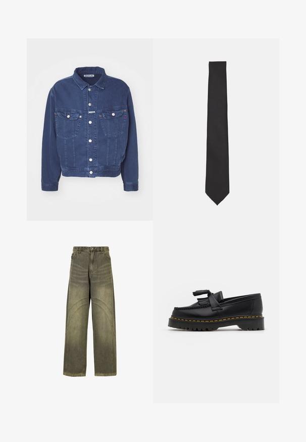 Mörkblå denimjacka med knappstängning, klassisk krage, två bröstfickor och sydda detaljer på fickorna. Mjuk textur, höftlång.; Två kortärmade skjortor: en vit och en ljusblå. Båda har knäppning fram, krage, slätt bomullstyg och normal passform.; Vida jeans i olivgrön denim, med kurviga sömsyningar, klassisk knappstängning och en blekt finish.; Svart läderloafer med en tofsdetalj, med en kraftig svart sula och gul söm längs kanten. Strukturerad yta.; Svart fluga i slät tyg med en smal, förlängd form och spetsig udd, utan synliga mönster eller detaljer.