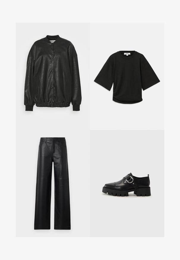 Fekete műbőr bombázó kabát bordázott gallérral, pattintós gombzárral, elasztikus derék résszel és oldalsó zsebekkel.; Fekete, rövid ujjú póló puha pamutból, lekerekített nyakkal és laza szabással, oldalán finom ráncolással.; Széles szárú fekete bőrnadrág sima textúrával, elülső zsebekkel, gombos zárással és finom varrással.; Fekete bőr cipők tömzsi, bordázott talppal, kerek ezüst hardware díszítéssel és minimális varrási részletekkel.