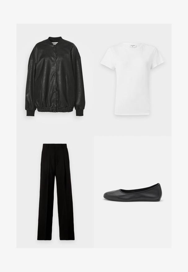 Czarna kurtka bomber z sztucznej skóry z prążkowanym kołnierzem, zapięciem na zatrzaski, elastycznym pasem i kieszeniami bocznymi.; Biała bawełniana koszulka z okrągłym dekoltem i krótkim rękawem, o luźnym kroju i minimalistycznym designie. Metka widoczna na szyi.; Czarne spodnie typu wide-leg wykonane z gładkiego materiału, z wysokim stanem, plisami z przodu i czystym, dopasowanym krojem bez ozdób.; Czarne skórzane baletki z zaokrąglonym noskiem, gładką fakturą, minimalnymi przeszyciami i elastycznym designem podeszwy.