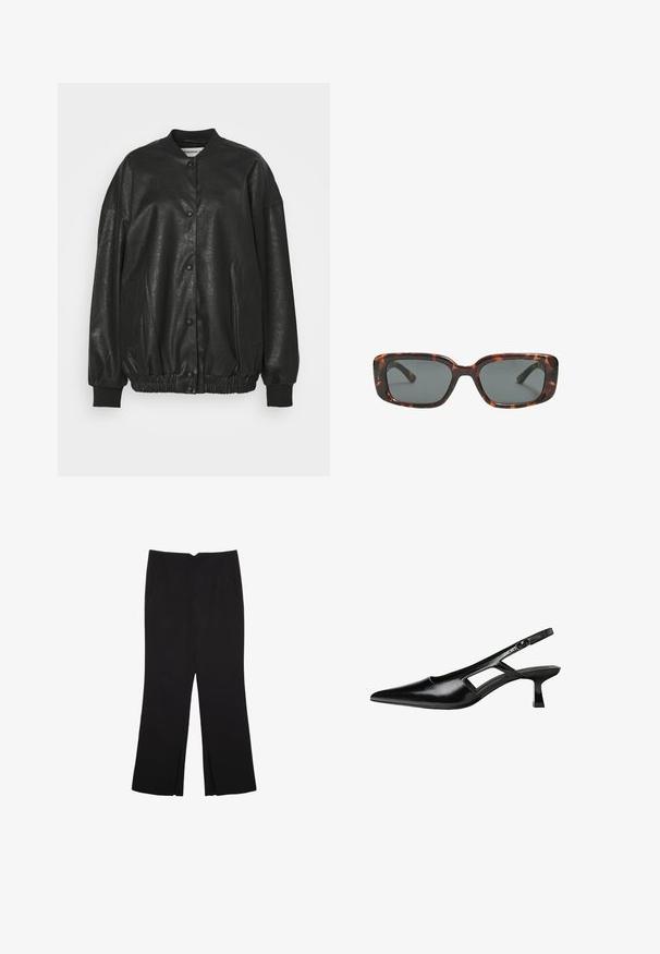 Sort faux læder bomberjakke med ribbet krave, trykknaplukning, elastisk talje og sidelommer.; Hvid ærmeløs top med rund halsudskæring. Lavet af glat stof, har den en afslappet pasform og minimalistisk design. Ingen mønstre eller accenter.; Sorte bukser med lige pasform, der har frontlommer og slidser i kanten. Lavet af blødt, glat stof. Velegnet til forskellige anledninger.; Sorte patentlæder slingback hæle med spids tå, udskåret sideskærm og en lille firkantet hæl. Glat tekstur med minimale detaljer.; Skildpaddedesolbriller med rektangulære linser, tykke stel og mørkt tonede linser. Glat tekstur og minimalistisk design.