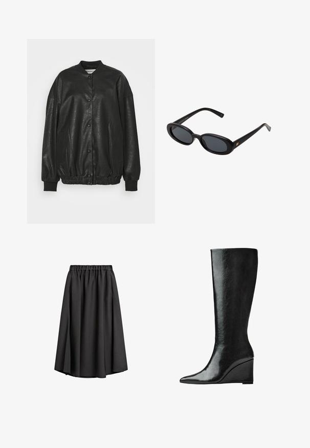 Schwarze Bomberjacke aus Kunstleder mit geripptem Kragen, Druckknopfverschluss, elastischem Bund und seitlichen Taschen.; Langarmshirt aus weichem, hellblauem Stoff. Verfügt über einen weiten Rundhalsausschnitt und einen geraden Schnitt mit seitlichen Schlitzern. Glatte Textur.; Schwarze Midirock aus leichtem, fließendem Stoff mit elastischem Bund und leicht ausgestellter A-Linie. Keine sichtbaren Muster oder Akzente.; Knöchelhohe schwarze Lederstiefel mit schlanker, spitzer Zehenform und Wedge-Absatz. Die Oberfläche ist glatt mit einem glänzenden Finish.; Schwarze, oversized Sonnenbrillen mit ovalen Gläsern, glattem Kunststoffrahmen und goldenen Akzenten an den Bügeln. Die dunklen Gläser bieten Sonnenschutz.; Hellblaues Kunstleder-Handtasche mit einer strukturierten Form, goldenen Hardware-Elementen, einer Reißverschlusstasche und dekorativen Fransen an den Seiten.
