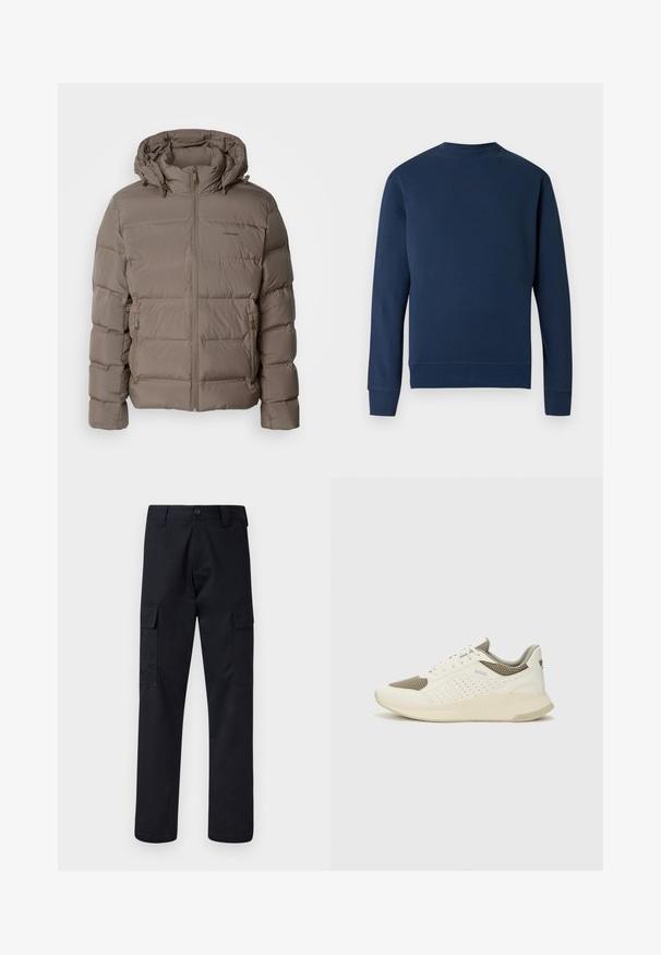 Puffer jacket in muted beige, featuring a hood, front zip closure, and side zip pockets. Made of quilted, padded material for warmth.; Navy blue sweatshirt with a round neck, ribbed cuffs, and hem. Features a subtle logo at the chest in a matching color. Smooth fabric texture.; Black cargo pants made of sturdy fabric, featuring a straight-leg cut, two side pockets, and a button closure at the waistband.; White and light beige athletic sneaker, featuring a mesh upper, perforated detailing, and a textured midsole with branding on the heel.