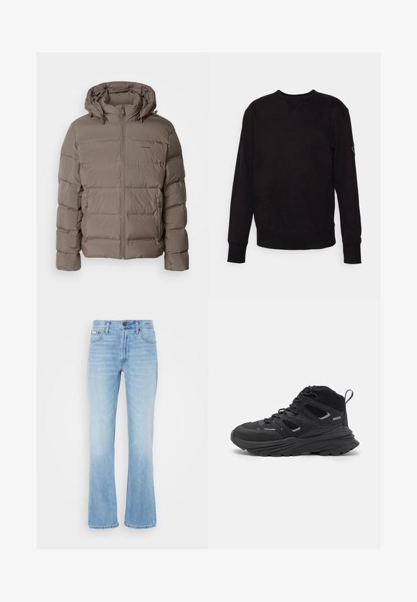 Puffer jacket in muted beige, featuring a hood, front zip closure, and side zip pockets. Made of quilted, padded material for warmth.; Black crewneck sweatshirt made of cotton. Features ribbed cuffs and hem, with a small logo patch on the left sleeve. Flat, smooth surface.; Light blue denim flared jeans with a faded finish, five pockets, belt loops, and a button closure at the waist.; Black hiking shoes featuring a layered design, textured fabric, and rubber sole, with reinforced areas and a lace-up front.