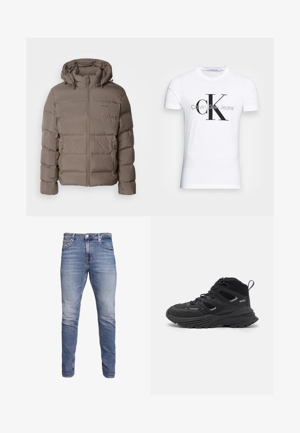 Puffer jakna u umirujućoj bež boji, sa kapuljačom, prednjim zatvaračem na zip i bočnim džepovima na zip. Izrađena od quilted, podstavljene tkanine za toplinu.; Bijela pamučna majica s crnim "CK" logotipom i natpisom "Calvin Klein Jeans", kratki rukavi i klasičan okrugli izrez.; Plave slim-fit traperice s pet džepova, izblijedjeli završetak, zatvaranje na gumba i petlje za remen, prikazane na bijeloj pozadini.; Crne planinarske cipele s višeslojnim dizajnom, teksturiranom tkaninom i gumenenim potplatom, s ojačanim dijelovima i vezicama sprijeda.