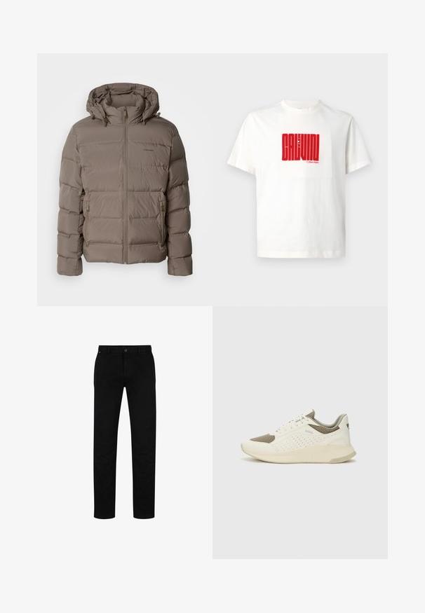 Veste rembourrée en beige doux, dotée d'une capuche, d'une fermeture éclair à l'avant et de poches zippées sur les côtés. Fabriquée en matériau matelassé et rembourré pour la chaleur.; T-shirt en coton blanc avec un grand imprimé graphique rouge de "CALVIN KLEIN" sur le devant, avec un col rond et des manches courtes.; Pantalon en coton noir à coupe droite, avec fermeture à bouton, passants de ceinture et design minimaliste. Texture lisse, sans motifs.; Basket de sport blanche et beige clair, avec une tige en maille, des détails perforés et une semelle intermédiaire texturée avec un logo sur le talon.