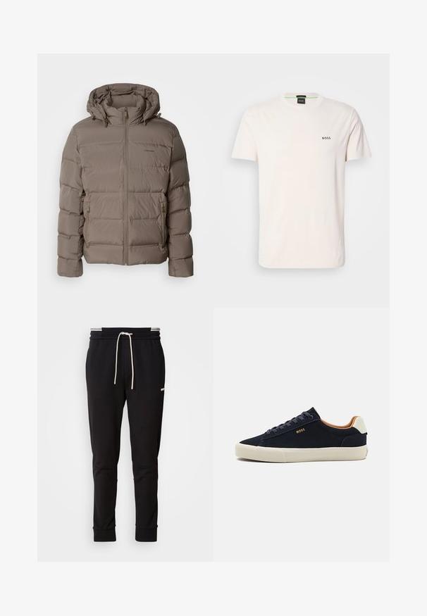 Lettejakke i dæmpet beige, med hætte, lynlås foran og sidelommer med lynlås. Lavet af quiltet, polstret materiale for varme.; Cotton t-shirt i off-white med rund halsudskæring. Har et lille sort "BOSS" logo på brystet. Normal pasform og korte ærmer.; Sorte slim-fit joggingbukser med hvid snor, ribbede manchetter og subtilt logo på den øvre lår mod en ensfarvet baggrund.; Mørkeblå ruskinds lavtoppede sneakers med beige sål, kontrastfyldt tan-intern og logo-detalje på den udvendige side. Funktioner rundsnøre og en glat tekstur.