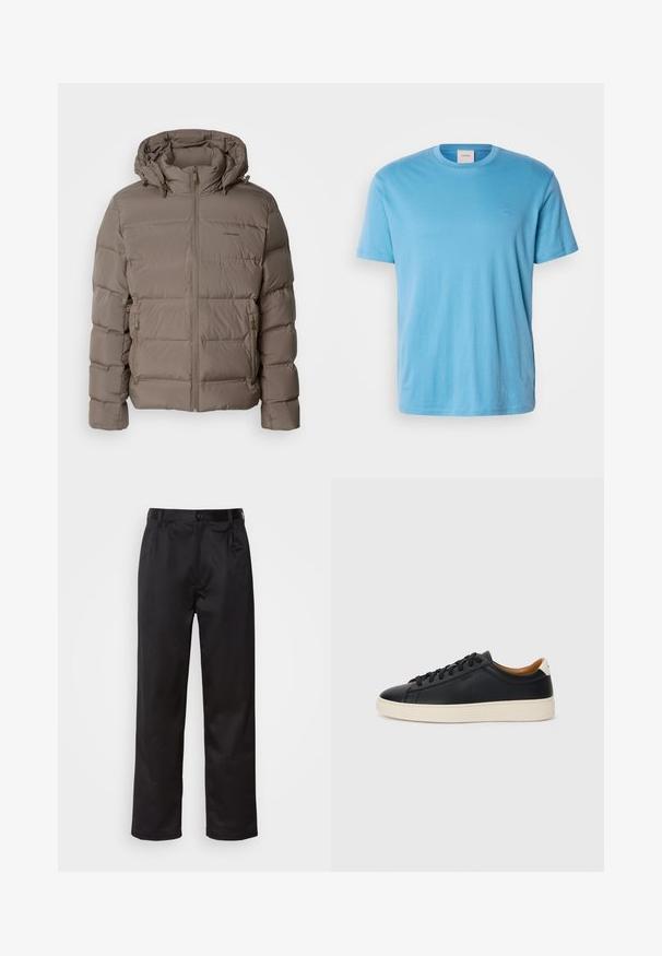 Kurtka puchowa w stonowanym beżu, z kapturem, z przodu na zamek błyskawiczny oraz bocznymi kieszeniami na zamek. Wykonana z pikowanego, ocieplonego materiału zapewniającego ciepło.; Jasnoniebieska bawełniana koszulka z krótkim rękawem, z okrągłym dekoltem i małym, haftowanym logo na piersi. Gładka faktura, regularny krój.; Czarne spodnie wykonane z gładkiego materiału, z zapięciem na guzik z przodu, plisami i prostymi nogawkami. Brak widocznych wzorów lub akcentów.; Czarne skórzane trampki o gładkiej fakturze, jasnobrązowa gumowa podeszwa, sznurowana konstrukcja i kontrastujący akcent na pięcie.