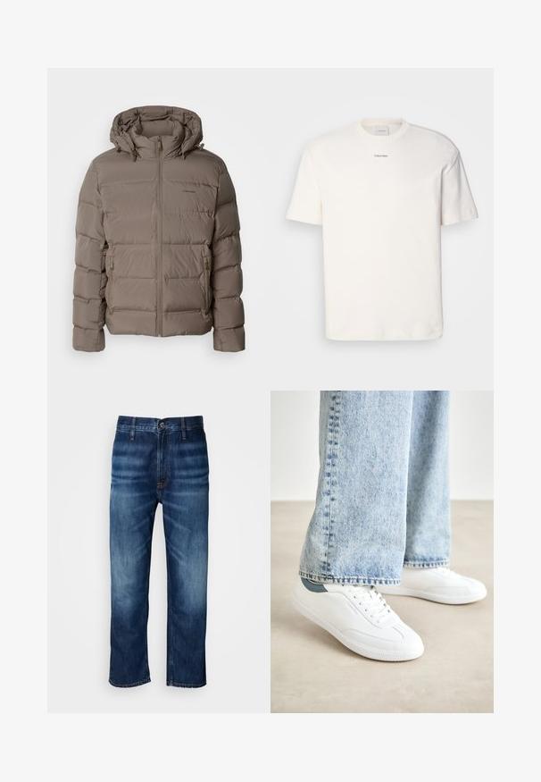 Pūkinis švarkas ramios smėlio spalvos, su kapišonu, priekiniais užtrauktukais ir šoninėmis kišenėmis su užtrauktukais. Pagamintas iš siūbuoto, paminkštinto medžiagos šilumai išlaikyti.; Balta medvilninė marškinėlių suapvalintu kaklu, trumpomis rankovėmis ir siuvinėtu "Calvin Klein" logotipu krūtinės centre. Paprastas dizainas.; Tamsiai mėlynos tiesios kojų džinsai su subtiliu išblukimu ant šlaunų ir užsegimu prie juosmens, pateikti ant baltos fono.; Baltos sportbačiai su lygiu paviršiumi, raišteliais ir tekstūruota guma, su žaliu akcentu ant kulno, derinami su šviesiai mėlynomis džinsinėmis kelnėmis.