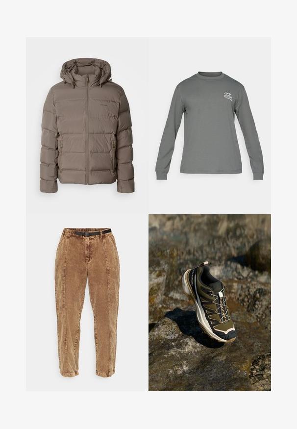 Puuvillane jakker heledas beežis, millel on kapuuts, eesne lukuga kinnitamine ja külgmised lukuga taskud. Valmistatud soojendavast, patjadega materjalist.; Pitkähihainen harmaa paita, jossa on pyöreä pääntie ja valkoinen graafinen logo vasemmassa rinnassa. Sujuva rakenne ja yksinkertainen muotoilu.; Ruske pothlačene hlače s teksturiranom površinom, opremljene crnim podesivim remenom, bočnim džepovima i udobnim krojem. Hlače se sužavaju prema gležnjevima.; Vaelluskengät oliivinvihreänä ja mustana, pinkeillä yksityiskohdilla. Ominaisuuksiin kuuluu teksturoitu yläosa, joustava pohja, vahvistettu varvasosa ja värikäs nauhoitusjärjestelmä.