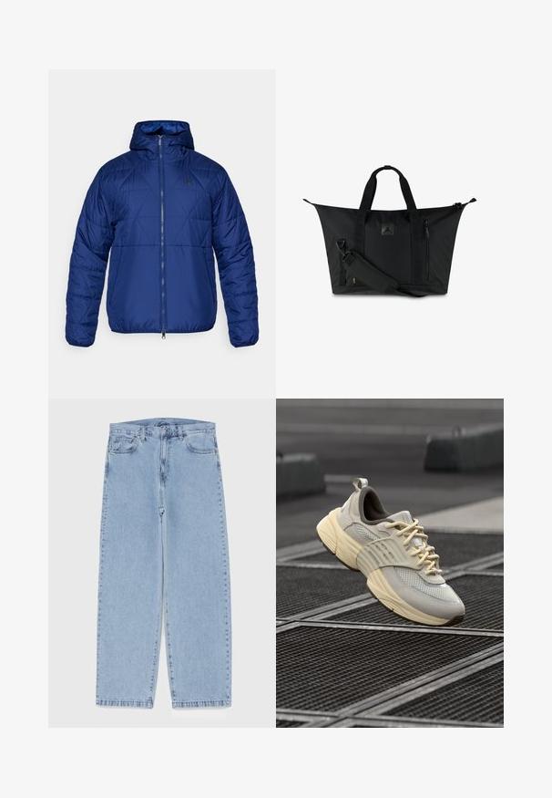 Kék, kapucnis szigetelt dzseki, steppelt mintázattal, elülső cipzárral és diszkrét logóval a mellkason. Simaszerű anyag és testhez álló fazon.; Hosszú ujjú fehér pamut póló, amely elöl kék "Jumpman" logóval és szürke blokk dizájnnal rendelkezik; sárga szöveges kiemelések a hóna alatt.; Világoskék farmernadrág egyenes szárú kivitelben, közepes derékkal, öt zsebbel, gombos és cipzáros záródással.; Beige hálós sportcipők világosszürke részletekkel, texturált talppal és lapos fűzővel, párnázott nyakkal és formázott gumitalppal.; Fekete sporttáska textúrázott külsővel, dupla felső fogantyúkkal, állítható vállpánttal és egy elülső cipzáras zsebbel.